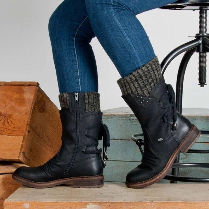 Botas de nieve de media pantorrilla anchas con encaje trasero cálido para mujer