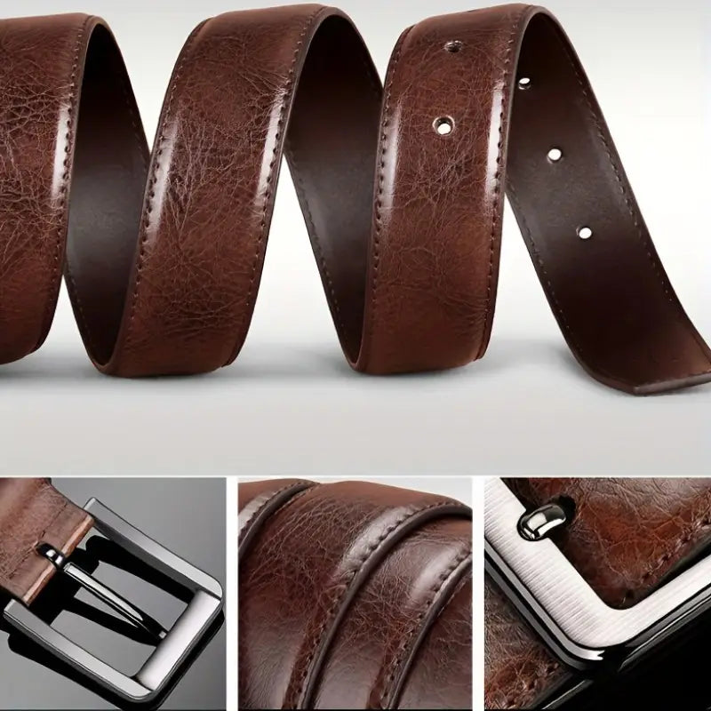 Cinturón de cuero genuino con hebilla de alfiler para hombre, estilo retro informal (B002)