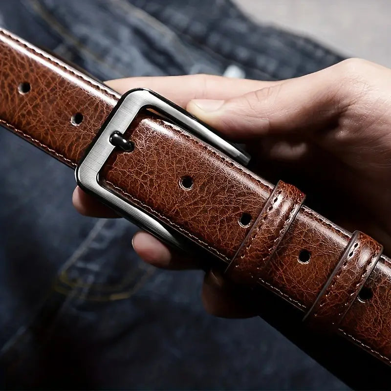Cinturón de cuero genuino con hebilla de alfiler para hombre, estilo retro informal (B002)