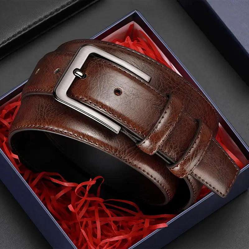 Cinturón de cuero genuino con hebilla de alfiler para hombre, estilo retro informal (B002)
