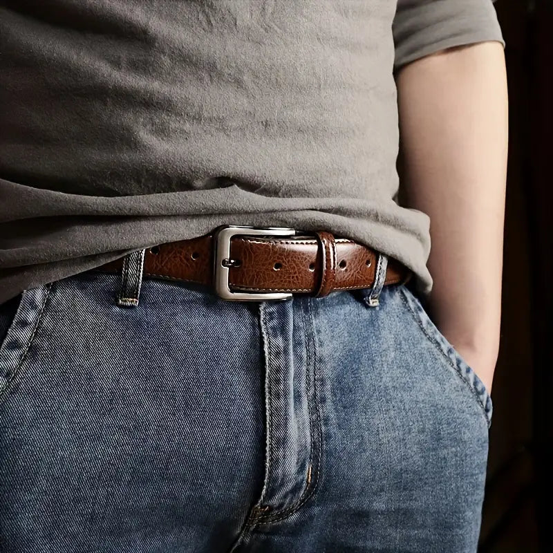 Cinturón de cuero genuino con hebilla de alfiler para hombre, estilo retro informal (B002)