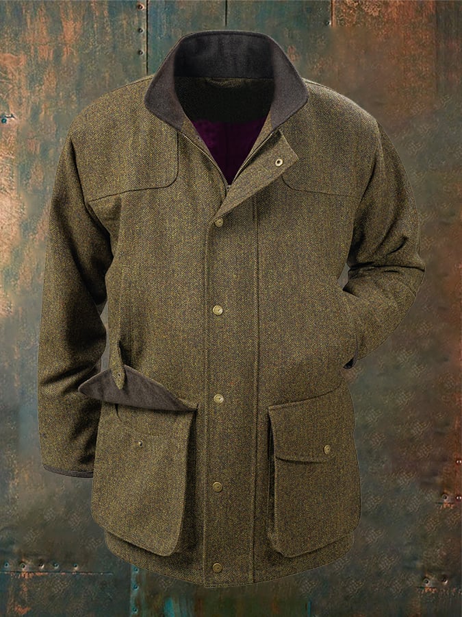 Chaqueta informal de espiga con botones y cremallera para caza al aire libre estilo western vintage para hombre