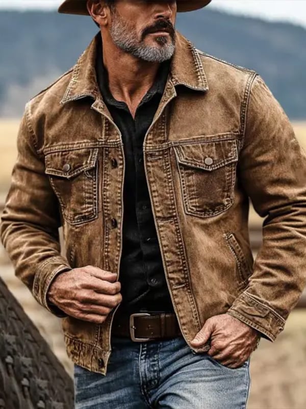 Chaqueta vintage multibolsillos estilo western para hombre