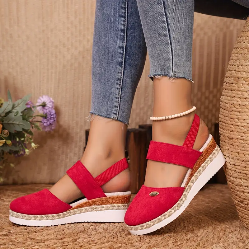 Rebajas de primavera 45%💝 Sandalias de cuña con alpargatas de punta cerrada para mujer: plataforma con tira trasera elástica
