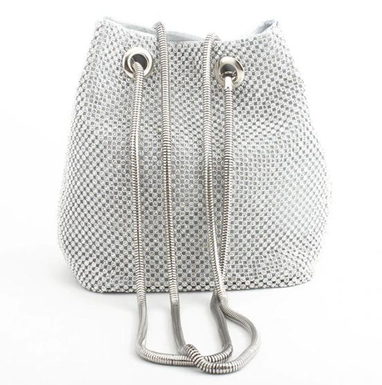 Bolso elegante y lujoso con forma de cubo y diamantes de imitación enjoyados