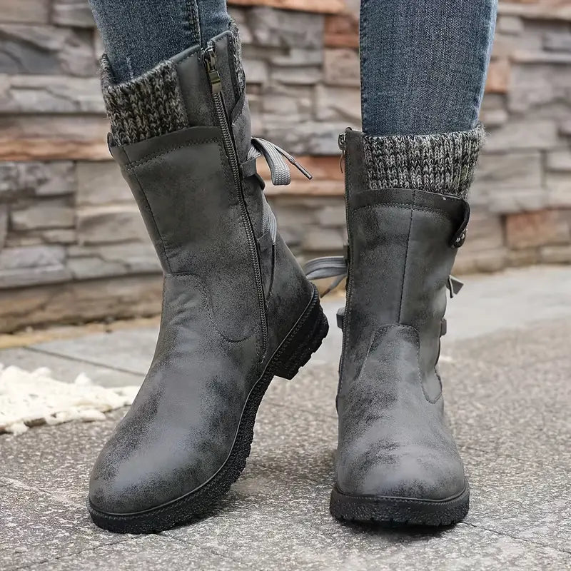 Botas de nieve de media pantorrilla anchas con encaje trasero cálido para mujer 