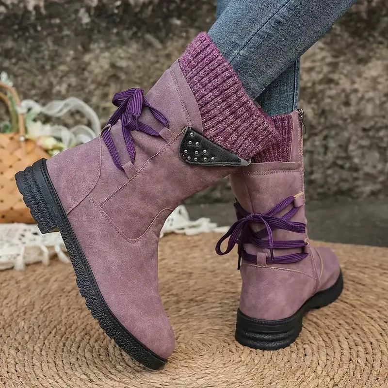 Botas de nieve de media pantorrilla anchas con encaje trasero cálido para mujer 