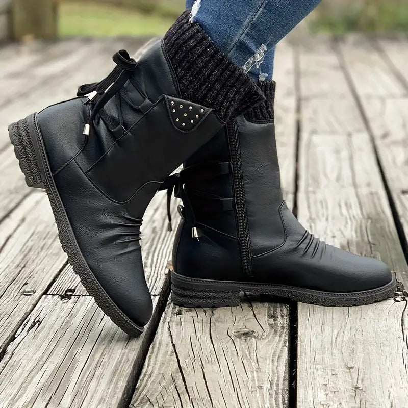Botas de nieve de media pantorrilla anchas con encaje trasero cálido para mujer 