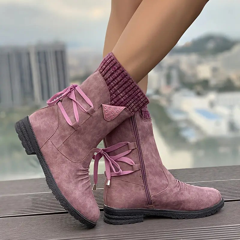 Botas de nieve de media pantorrilla anchas con encaje trasero cálido para mujer 