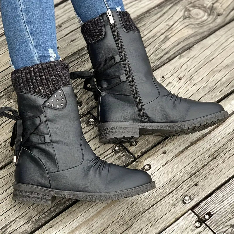 Botas de nieve de media pantorrilla anchas con encaje trasero cálido para mujer 
