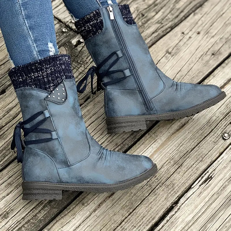 Botas de nieve de media pantorrilla anchas con encaje trasero cálido para mujer 