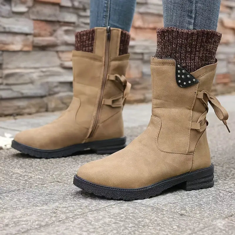 Botas de nieve de media pantorrilla anchas con encaje trasero cálido para mujer 