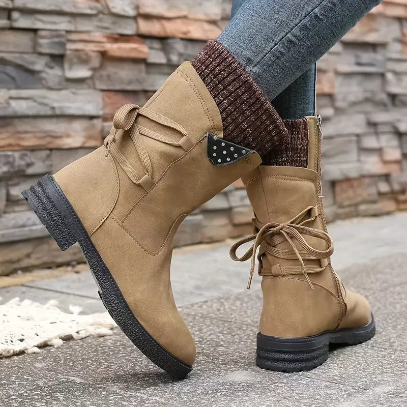 Botas de nieve de media pantorrilla anchas con encaje trasero cálido para mujer 