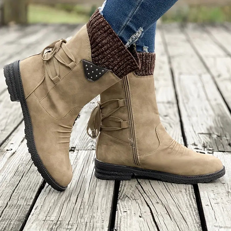 Botas de nieve de media pantorrilla anchas con encaje trasero cálido para mujer 