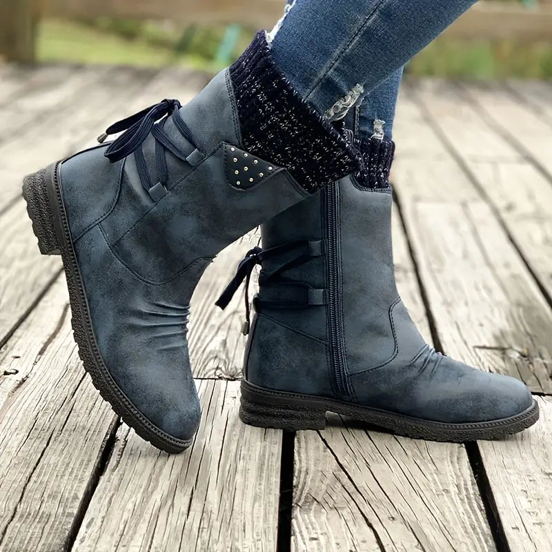 Botas de nieve de media pantorrilla anchas con encaje trasero cálido para mujer 