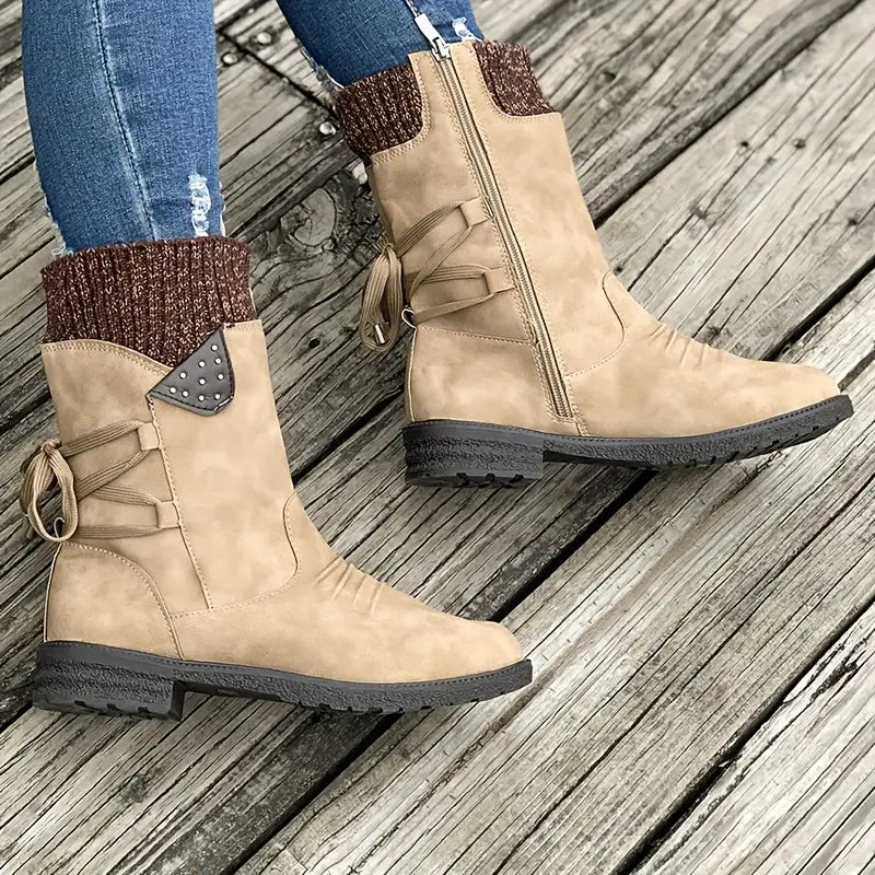 Botas de nieve de media pantorrilla anchas con encaje trasero cálido para mujer 